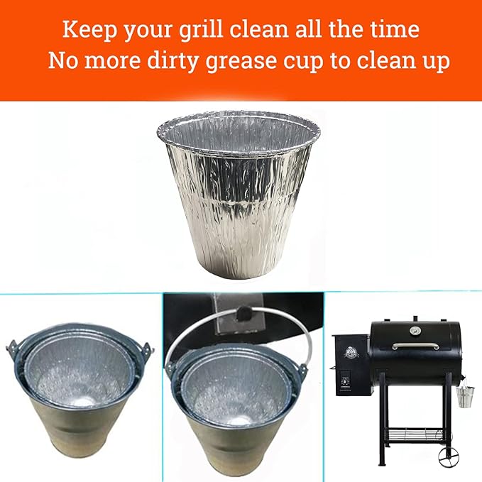 12 Pack Grease Bucket Liners with Pit Boss Grills 67292, Rec Tec Large Bucket, Z Grill Bucket, Drip Tray Liners for Traeger Timberline, Ironwood, Woodridge Pellet Grills and Flatrock 6.2”x 6.0”