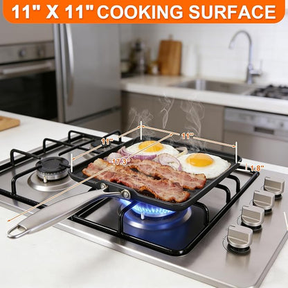 11 Inch Square Cast Iron Grill Pan, Pre‑Seasoned Ridged Skillet with Stainless Steel Handle, Even Heating Griddle for Burger Steak, Indoor Outdoor Stovetop BBQ Compatible