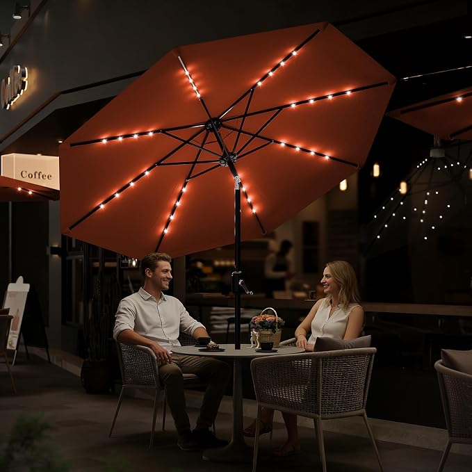 Garvee patio Umbrella with Solar Lights, Outdoor Table Umbrella with 8 Durable Ribs, Tilt & Crank Mechanism, Waterproof & UV Protection for Garden, Backyard, Poolside,