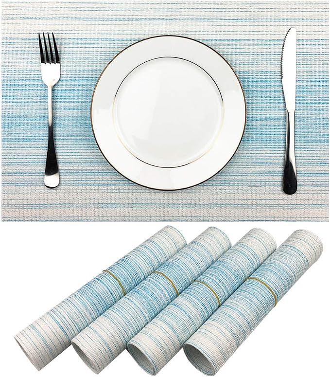 Placemat,Blending Color Durable Woven Vinyl Placemat Washable Heat-Resistant Anti-Skid Kitchen Dining Table Mats (Set of 4, Blue with White)
