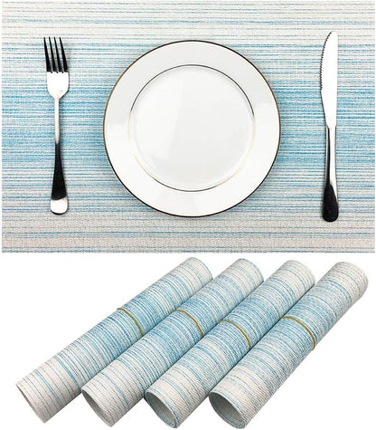 Placemat,Blending Color Durable Woven Vinyl Placemat Washable Heat-Resistant Anti-Skid Kitchen Dining Table Mats (Set of 4, Blue with White)