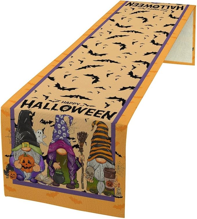 Halloween Gnome Table Runner Burlap for Home Kitchen Dining Dinner Indoor Outdoor Party Farmhouse Table Decor 13x120 Inch