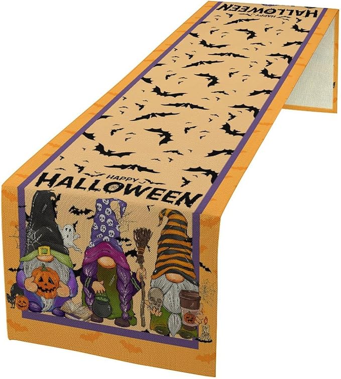 Halloween Gnome Table Runner Burlap for Home Kitchen Dining Dinner Indoor Outdoor Party Farmhouse Table Decor 13x70 Inch