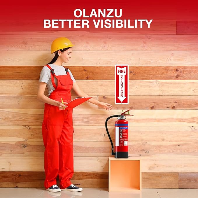 OLANZU Fire Extinguisher Signs For Business - Pack of 5 - Metal Fire Extinguisher Sign 4" x 12" Aluminum - UV Protected for Indoors & Outdoors