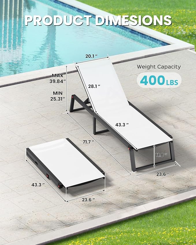 Aluminum Chaise Lounge Chair Outdoor, Foldable& No Assembly Patio Pool Lounge Chairs 5-Position Recliner for Outside, Fully Grounded Legs Sun Lounger for Poolside, 4 Packs, Bright White