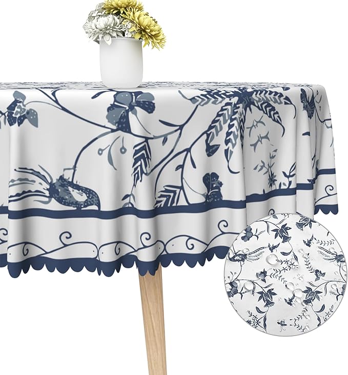 Blue Floral Round Tablecloth Blue and White French Country Circle Tablecloths Rustic Flowers Stain Proof Table Cover for Farmhouse Decor Indoor Outdoor Table Picnic Dinner Decor 70x70 Inch