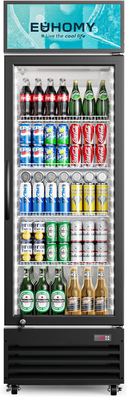 EUHOMY Commercial Display Refrigerator, 9 Cu.Ft Glass Door Merchandiser Drink Fridge with Soft LED Light Adjustable Shelves, Commercial Beverage Refrigerator for Bar, Restaurant, Cafe(Black)