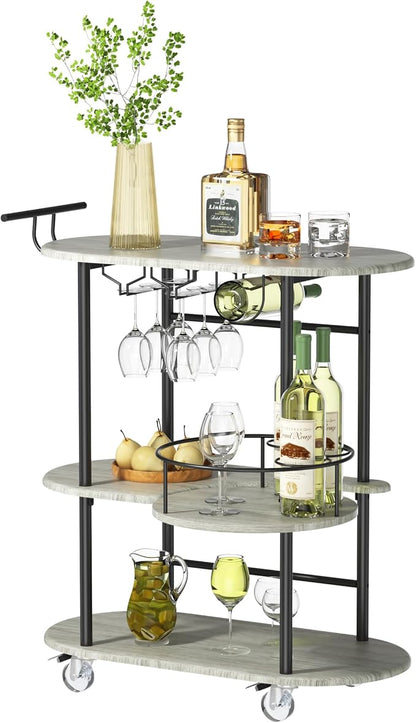 Light Gray Bar Carts with 4-Tier Storage Shelves, Mobile Bar Serving Cart with Wine Rack and Glass Holder, for The Home, Kitchen, Living Room, Dining Room