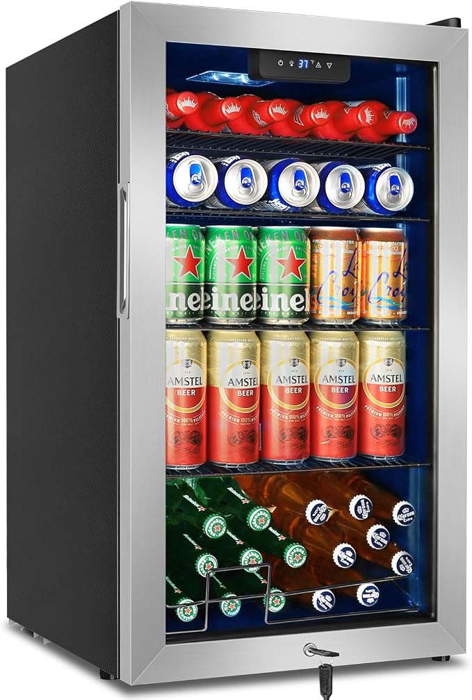 FoMup Beverage Refrigerator 126 Can, Mini Beverage Fridge Small Beverage Cooler Stainless Steel with Glass Door Safety Lock, Drink Fridge for Beer Soda Wine, Perfect for Dorm Office Hotel