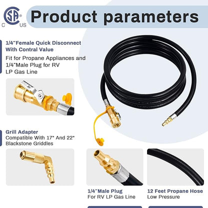 Upgraded 12FT RV Quick Connect Propane Hose for RV to Grill, Low Pressure Quick Connect Propane Hose with Elbow Adapter for 17" and 22" Blackstone Griddles/Grills