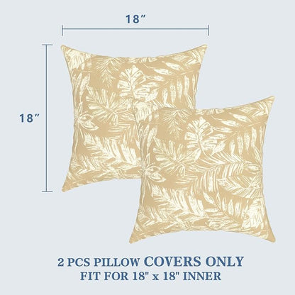 LVTXIII 2 Pack Outdoor Pillow Covers ONLY 18x18 Inch, Water-Repellent Square Decorative Cushion Covers for Patio Furniture, Garden, Sofa, Tropical Leaf Oat
