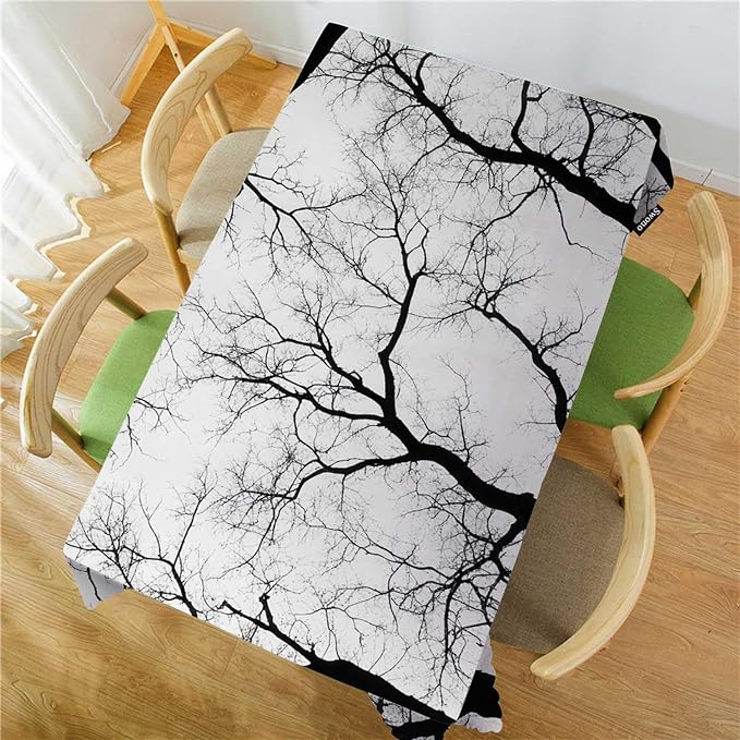 Swono Dead Tree Tablecloth Black White Tree Branch Rectangle Table Cloth Washable Plaid Table Cover for Kitchen Holiday Dinner Camping BBQ, 52x 70 Inch Tablecloth