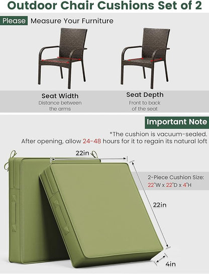 Outdoor Chair Cushion 22 x 22 x 4 Inches Patio Furniture Outdoor Waterproof Seat Cushion, Patio Chair Cushion with Handles and Ties, Square Dining Chair Cushion Set of 4, Light Green