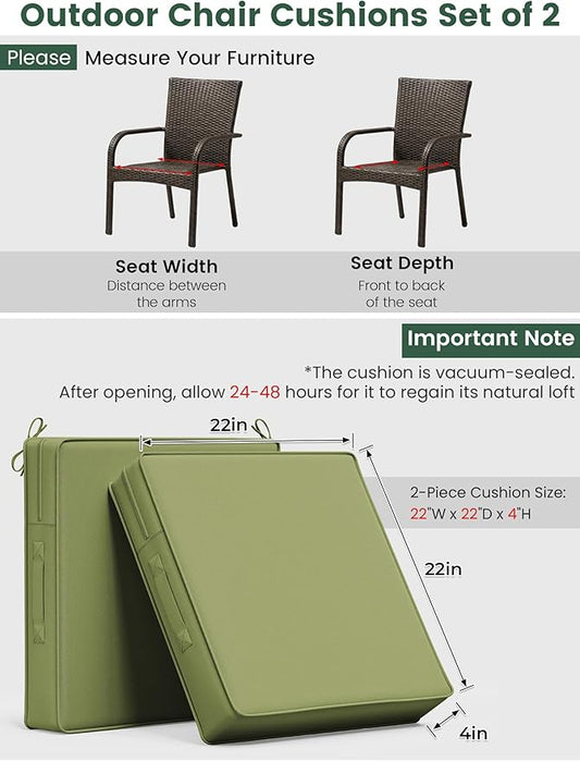 Outdoor Chair Cushion 22 x 22 x 4 Inches Patio Furniture Outdoor Waterproof Seat Cushion, Patio Chair Cushion with Handles and Ties, Square Dining Chair Cushion Set of 4, Light Green