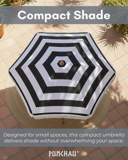 6 Ft Fringe Patio Umbrella - Outdoor Umbrella for Patio, Pool, Table, Garden, Deck, Beach, and Outdoors - Fashionable Boho Vintage Tassels & Wood Print - Push Button Tilt Pole