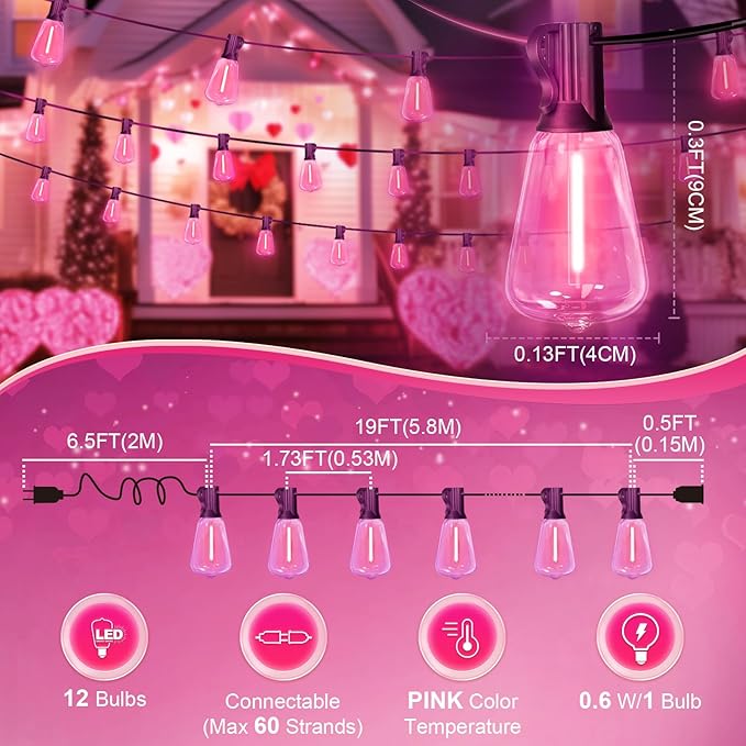LAMPHOME 2-Pack 26Ft ST38 Pink Valentine's Day Patio Lights ，Outdoor String Lights with 12+1 ST38 Edison Bulbs, Shatterproof LED Lights for Outside Bistro Christmas Wedding Party Decorations