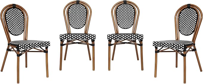 Flash Furniture Lourdes Indoor/Outdoor Commercial Thonet Bistro Stack Chair - Black/White PE Rattan Back and Seat - Natural Bamboo Print Metal Frame - 4 PK
