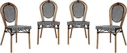 Flash Furniture Lourdes Indoor/Outdoor Commercial Thonet Bistro Stack Chair - Black/White PE Rattan Back and Seat - Natural Bamboo Print Metal Frame - 4 PK