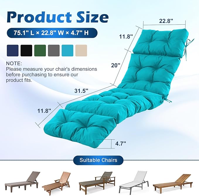 Chaise Lounge Cushions Outdoor, Waterproof & Fade Resistant Patio Lounge Chair Cushions for Outdoor Furniture, Chaise Cushion with Ties for Patio, Pool, Lawn and Beach, 75.1x22.8x4.7 Inch, Teal