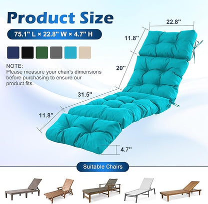 Chaise Lounge Cushions Outdoor, Waterproof & Fade Resistant Patio Lounge Chair Cushions for Outdoor Furniture, Chaise Cushion with Ties for Patio, Pool, Lawn and Beach, 75.1x22.8x4.7 Inch, Teal