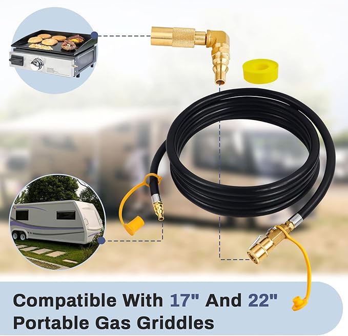 Upgraded 12FT RV Quick Connect Propane Hose for RV to Grill, Low Pressure Quick Connect Propane Hose with Elbow Adapter for 17" and 22" Blackstone Griddles/Grills