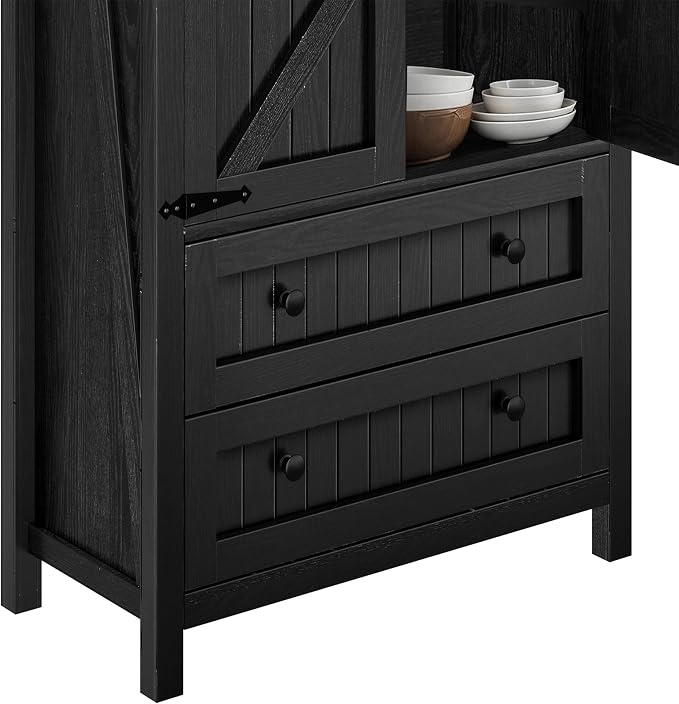 DWVO 64.5" Farmhouse Pantry Cabinet with 2 Drawers & Shelves, Oak Black | Tall Versatile Storage for Living Room, Dining Room, and Hallway