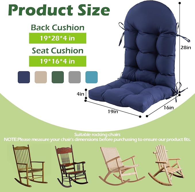 Rocking Chair Cushions, Indoor/Outdoor Adirondack Chair Cushion, Waterproof and Fade-Resistant Rocking Chairs Pads, Non-Slip Tufted High Back Patio Chairs Cushion with Ties, 44x19x4 Inch, Navy Blue
