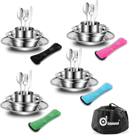Odoland Bundle - 2 Items Camping Campfire Grill and 29pcs Stainless Steel Utensils Camping Tableware Kit