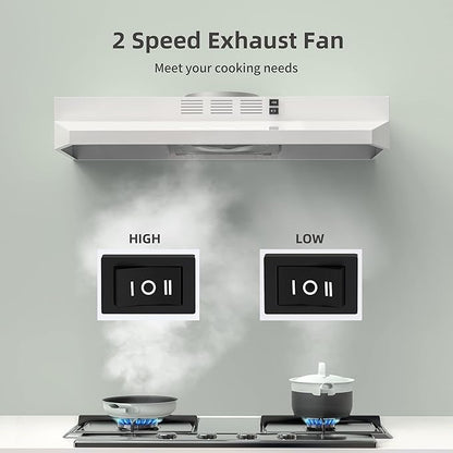 FIREGAS Range Hood 30 inch Under Cabinet, Kitchen Hood with 2 Speed Exhaust Fan,Ducted/Ductless Convertible, Rocker Button Control,300 CFM, White Stove Hood Vent Aluminum Filter Included
