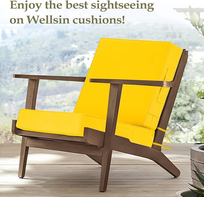 Wellsin Outdoor Deep Seat Patio Cushions, 22 x 22 Waterproof & 3-Year Fade Resistant Outdoor Cushions with Removable Covers,Ties and Handle for Chair, Sofa, Couch, Yellow