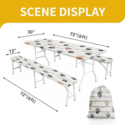 Picnic Table Cover with Bench Covers, 72 X 30 Inch Elastic Fitted Camping Tablecloth with Strap Design for 6FT Rectangle Tables, Windproof Outdoor Tablecloth Set with Storage Bag