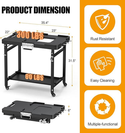 SafBbcue Grill Table for Ninja, Grill Stand for Ninja Woodfire OG700 OG800 OG900 Series & OO101, Portable Outdoor Grill Stand, Foldable Cart Table with Wheels for Ninja, Double-shelf, Hooks