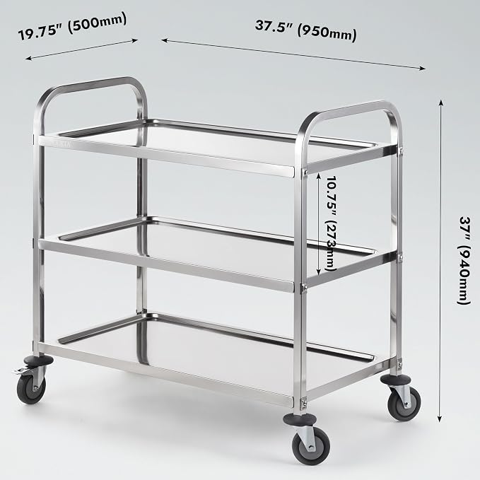Stainless Steel Serving Trolley, 38" L x 20" W x 37" H 3 Tiered Shelf Kitchen Utility Cart, Rolling Casters Brake Wheel, Commercial Pro for Restaurant/Hotel/Lab/Clinic/Salon/Workshop