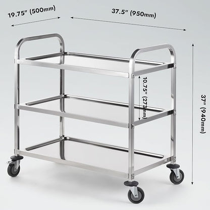 Stainless Steel Serving Trolley, 38" L x 20" W x 37" H 3 Tiered Shelf Kitchen Utility Cart, Rolling Casters Brake Wheel, Commercial Pro for Restaurant/Hotel/Lab/Clinic/Salon/Workshop