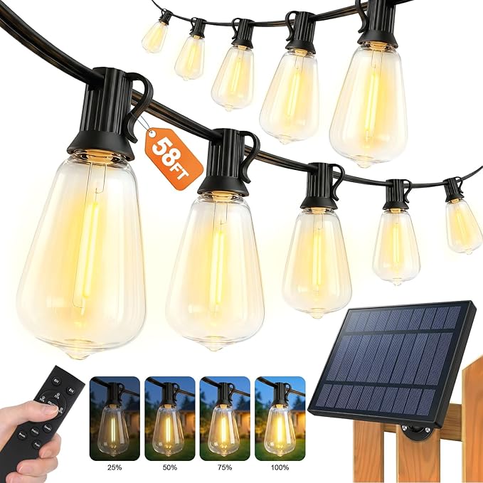 58FT Solar String Lights Outdoor Waterproof Patio Lights with Remote and 25+1 LED Shatterproof Bulbs, 3 Light Modes Dimmable & Timer Solar Lights for Backyard Porch Garden Wedding Decor