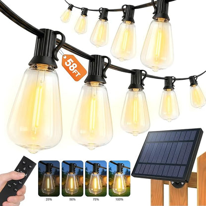58FT Solar String Lights Outdoor Waterproof Patio Lights with Remote and 25+1 LED Shatterproof Bulbs, 3 Light Modes Dimmable & Timer Solar Lights for Backyard Porch Garden Wedding Decor
