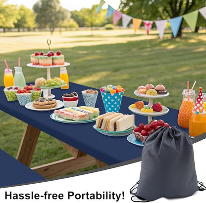 Smiry Picnic Table Cover with Bench Covers, Waterproof Elastic Fitted Polyester Tablecloths for 5 Ft Rectangle Tables, Washable Windproof Tablecloth for Outdoor, RV & Camping (Navy, 30x60 Inches)