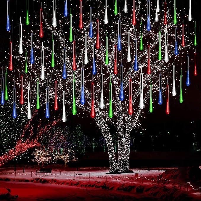 Meteor Shower Lights for Christmas New Year Party Outdoor Decor, Multicolor | 16-Tube, Equivalent to 2 Sets of 8-Tubes, Waterproof Icicle Lights for Xmas House Tree Decor, Bright, Plug in