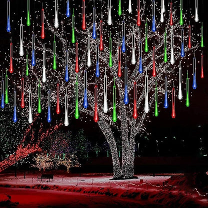 Meteor Shower Lights for Christmas New Year Party Outdoor Decor, Multicolor | 16-Tube, Equivalent to 2 Sets of 8-Tubes, Waterproof Icicle Lights for Xmas House Tree Decor, Bright, Plug in