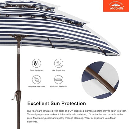 ABCCANOPY 9FT 3-Tier OLEFIN® Patio Umbrella with Stripe, 5-Year No Fading | Heavy Duty Fade-Resistance Outdoor Umbrella, 8 Sturdy Ribs, Tilt, Crank for Deck, Backyard, Garden, Yard, Pool, Navy Stripe