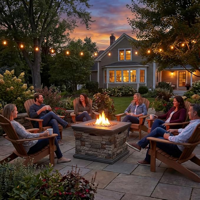 32'' Propane Fire Pit Table, 40,000 BTU Outdoor Square Gas Firepit with Auto-Ignition, Waterproof Cover, Lava Rock for Patio Deck, Imitation Stone Concrete, CSA Certified, Gray