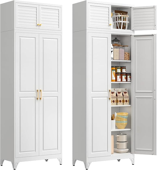 Polup 90" Tall Metal Storage Cabinet with Doors and Shelves, Heavy Duty Steel Kitchen Pantry Cabinet, Freestanding White Storage Cabinet for Garage, Laundry Room, Office, Dining Living Room