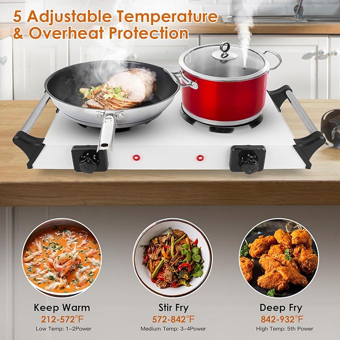 Electric Hot Plate for Cooking, 2000W Portable Cooking Stove Countertop Dual Burner Cooktop, Adjustable Temperature Control for All Cookwares Home Camp RV, Easy to Clean (Silver)