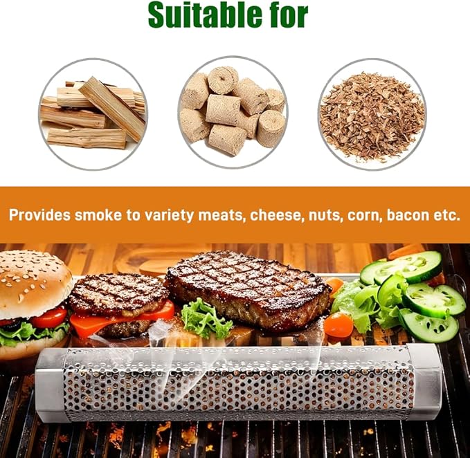Smoke Tube for Pellet Smoker, 12" Stainless Steel Smoker Generator for Hot or Cold Smoking 5 Hours of Billowing Smoke