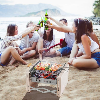 HAPPYGRILL Portable Folding Charcoal Grill, Outdoor Mini BBQ Grill with 2 Stainless Steel Grill Nets, Charcoal Box & Insulated Rubber Wood Handle, Tabletop Charcoal Grill for Camping, Travel & Picnic