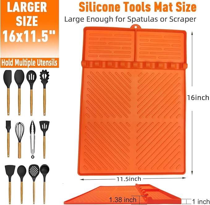 Silicone Griddle Tools Mat for Blackstone, Spatula Rest with Drip Pad, Grill Side Shelf Mat for Blackstone, Silicone Utensil Rest/Holder for BBQ Tools (Orange 2 Pack)