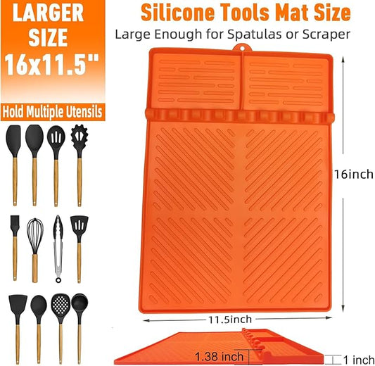 Silicone Griddle Tools Mat for Blackstone, Spatula Rest with Drip Pad, Grill Side Shelf Mat for Blackstone, Silicone Utensil Rest/Holder for BBQ Tools (Orange 2 Pack)
