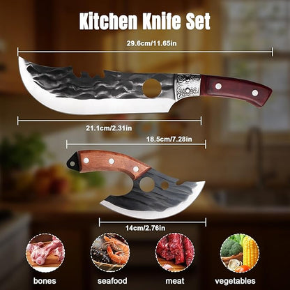 2PCS Meat Cleaver Knife Set with Sheaths, Hand Forged Serbian Knife&Viking Cleaver, High Carbon Stainless Steel Sharp Blade for Meat and Vegetable Cutting, Outdoor Cooking, Camping