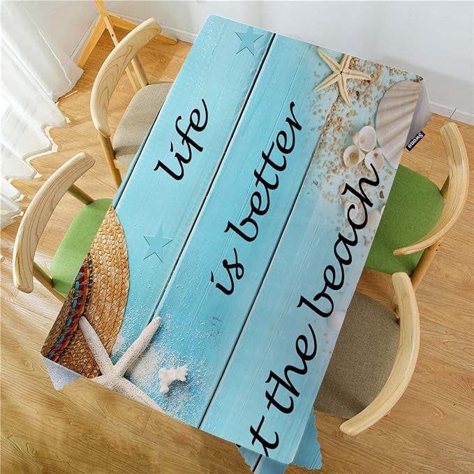 Swono Beach Wood Tablecloth Straw Hat Seashell Starfish Rectangle Table Cloth, Life is Better at The Beach Quote 52x 70 Inch Tablecloth Plaid Table Cover for Kitchen Holiday Dinner