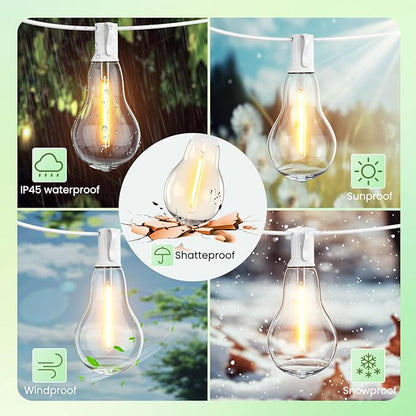 Outdoor String Lights 100 Feet LED Patio Lights 53 Plastic Edison Bulbs (3 Spare), Waterproof Connectable Hanging Light for Backyard Porch Balcony Party Decor, White